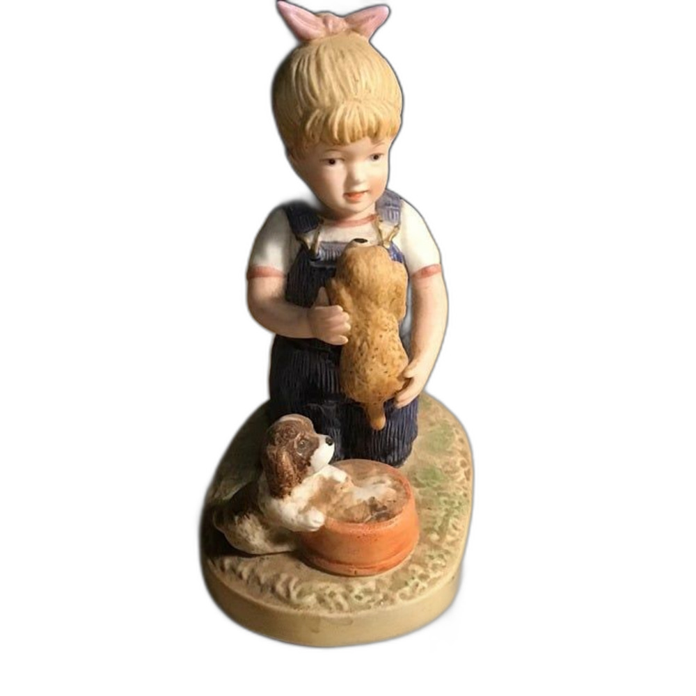 Vintage 1985 Homco Denim Days "Puppy Love" Figurine #1503 - Debbie with Dogs